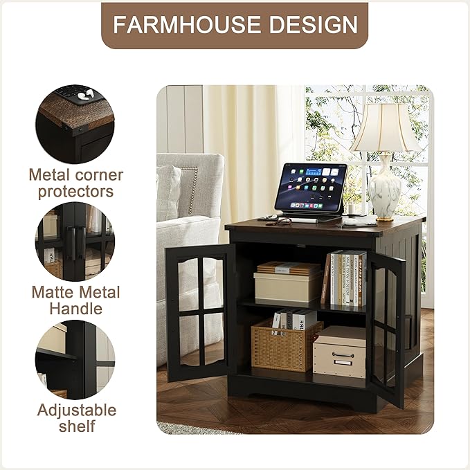 ChooChoo Rustic End Table, 24" Large Sofa Side Table with Charging Station & LED Light, Black Nightstand with Adjustable Storage Shelf, Square Bedside Table for Living Room, Bedroom, Office