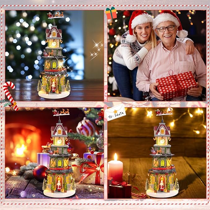 Taman Christmas Village Collectible Buildings, Clock Tower Figurine with Revolving Train Music, Warm Light Christmas Ornaments for Holiday Decorations