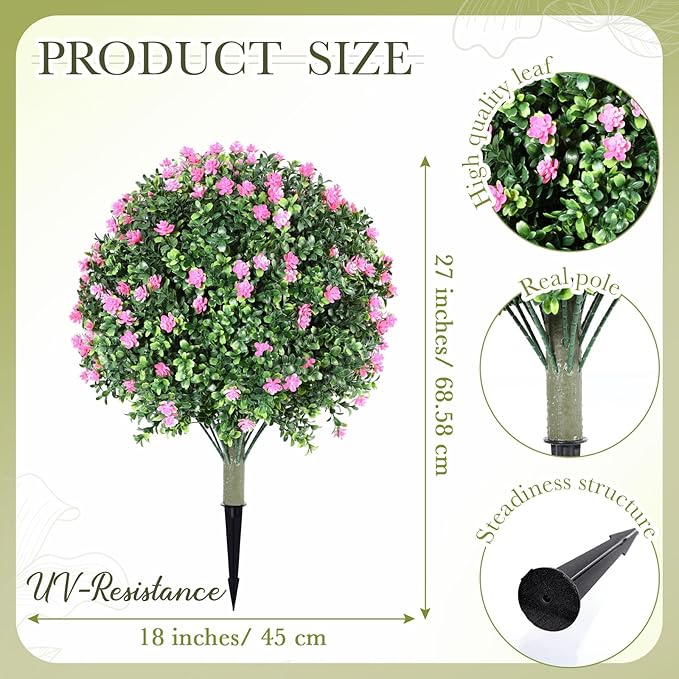 Yunlly Set of 2 Artificial Boxwood Topiary Ball Tree Fake Bushes Shrubs Outdoor Faux Plant with Ground Spike Flowers UV Resistance Greenery for Front Porch Garden Patio Indoor(Light Pink,27x18inch)