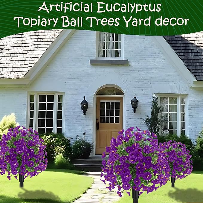 22.8" Set of 2 Fall artificial Boxwood topiary Ball tree for outdoors with Spike,UV Resistant Faux Shrubs Outdoor with morning glory flowers,Faux Plants Bushes for Garden Porch Yard Patio Decor Purple