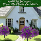 22.8" Set of 2 Fall artificial Boxwood topiary Ball tree for outdoors with Spike,UV Resistant Faux Shrubs Outdoor with morning glory flowers,Faux Plants Bushes for Garden Porch Yard Patio Decor Purple