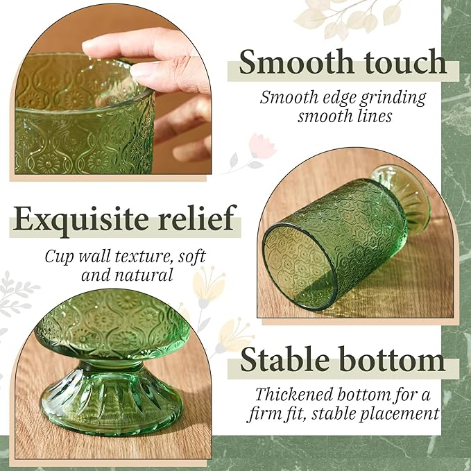 6 Pcs (H:7" W:4") Embossed Flower Vase Fall Pedestal Glass Vase Big Base Thickened Crystal Vintage Vases for Autumn Wedding Home Decor Table Centerpiece House Warming Gifts(Green)