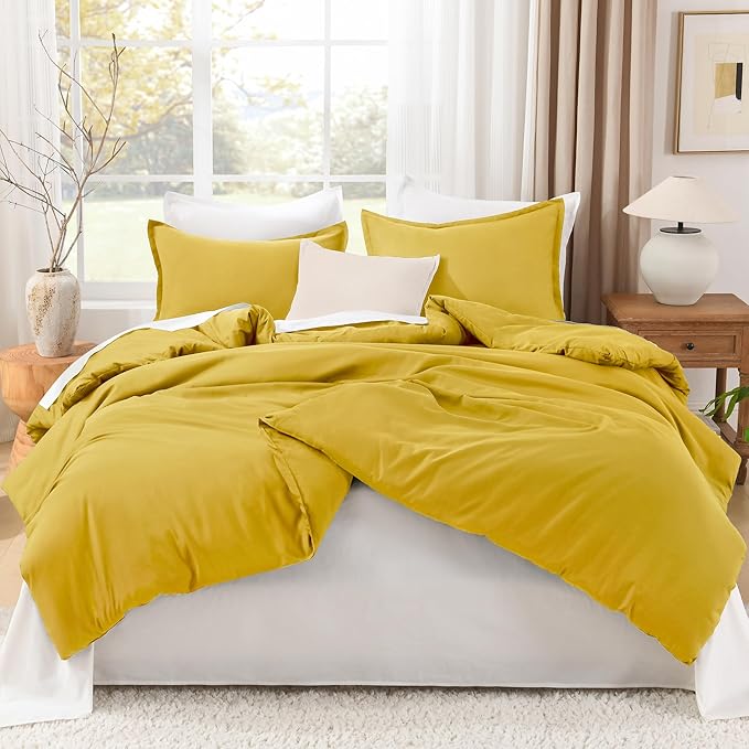Litanika Mustard Yellow Comforter Set King Size, 3 Pieces Lightweight Solid Bedding Comforter Set, All Season Fluffy Bed Set (104x90In Comforter & 2 Pillowcases)