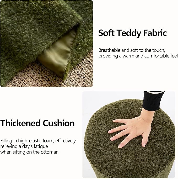 Modern Round Ottoman, Classic Foot Stool Ottoman, Teddy Fleece Upholstered Vanity Stool for Makeup, Bedroom, Living Room, Dark Green
