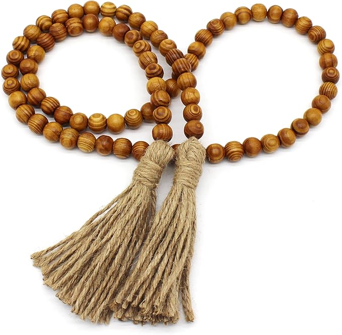 CVHOMEDECO. Wood Grain Beads Garland with Tassels Farmhouse Rustic Wooden Prayer Bead String Wall Hanging Accent for Home Festival Decor. Tan