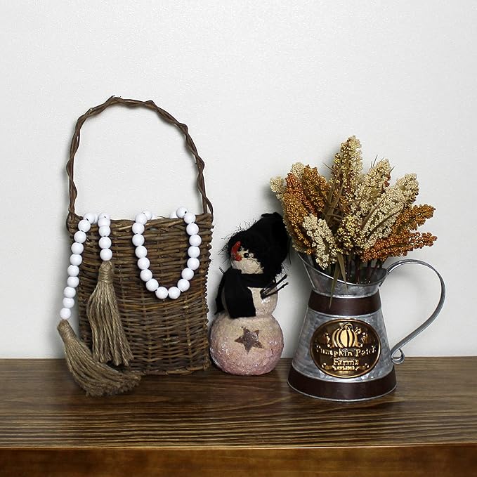 CVHOMEDECO. Wood Beads Garland with Tassels Farmhouse Rustic Wooden Prayer Bead String Wall Hanging Accent for Home Festival Decor. White