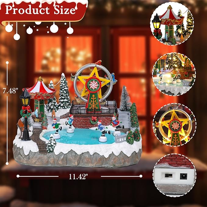 Christmas Village House Musical Christmas Collectible Buildings Amusement Park Carousel Skating Ferris Wheel with LED Lights Vacation Village with USB Indoor Figurines Xmas Decoration