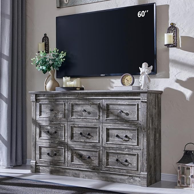 Farmhouse 9 Drawers Dresser for Bedroom, 55" Wide Large Dressers & Chests of Drawers w/Roman Column, Storage Dressers Organizer for Bedroom, Hallway, Living Room, Light Grey