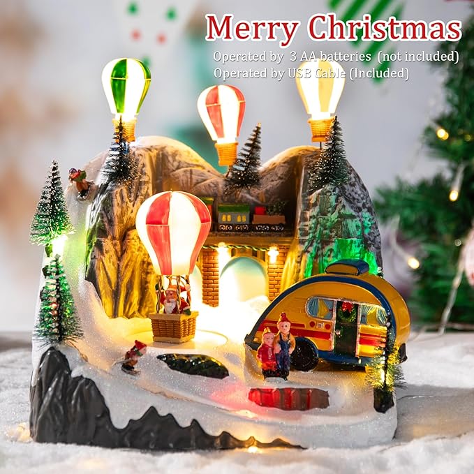 VCUTEKA Christmas Village, Hot Air Balloon Snow Mountain with Rotating Santa Claus Lighted Musical Village Perfect Addition to Your Christmas Indoor Decorations or Holiday Displays