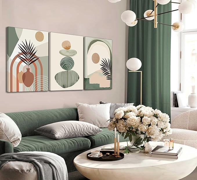 3 Pcs Mid Century Modern Boho Abstract Canvas Wall Art Neutral Green Bohemia Sun and Plant Pictures Wall Decor Posters Print Artwork for Living Room Bedroom Bathroom Office Home Decoration