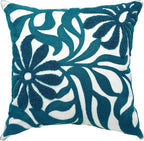 Alysheer Farmhouse Floral Leaves Embroidered Decorative Throw Pillow Cover 18x18 inches, Boho Tufted Flowers Embroidery Pattern Chic Cotton Cushion Case for Couch Bed Sofa Living Room(Teal Blue)