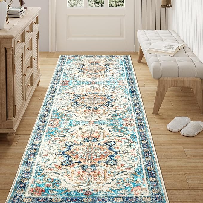 Topllen Runner Rug - 2'x6' Boho Washable Kitchen Rug, Non-Slip Soft Low Pile Rugs Indoor for Entrance Living Room Bedroom Bathroom,Vintage Throw Hallway Carpet Stain Resistance (Multi, 2x6ft)