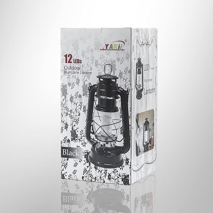 YAKii LED Vintage Lantern Metal Hanging Hurricane Lantern 12 LED Dimmer Switch Cold White Battery Operated Power Outage Indoor Camping Lighting Outdoor Brooklyn Decoration (Black Pack of 8)