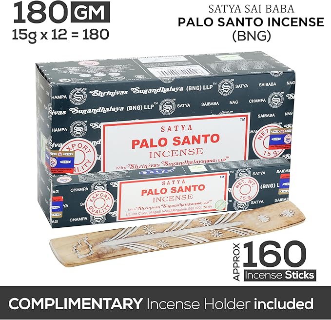 Satya Nag Champa Palo Santo Incense Sticks, Satya Bng (Bangalore) Insenses 15gmx12 Pack with Raajsee Incense Holder Bundle, Nag Champa Natural Incense