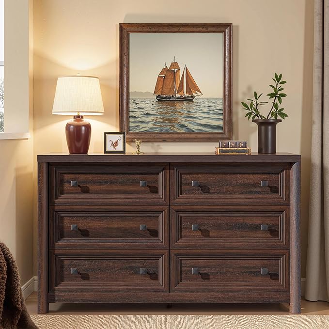 Farmhouse Walnut 6 Drawers Dresser for Bedroom, 52" Wide Chest of Drawers with Metal Knobs, Vintage Wooden Dresser TV Stand, Closet Drawer Organizer for Bedroom, Nursery