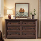 Farmhouse Walnut 6 Drawers Dresser for Bedroom, 52" Wide Chest of Drawers with Metal Knobs, Vintage Wooden Dresser TV Stand, Closet Drawer Organizer for Bedroom, Nursery