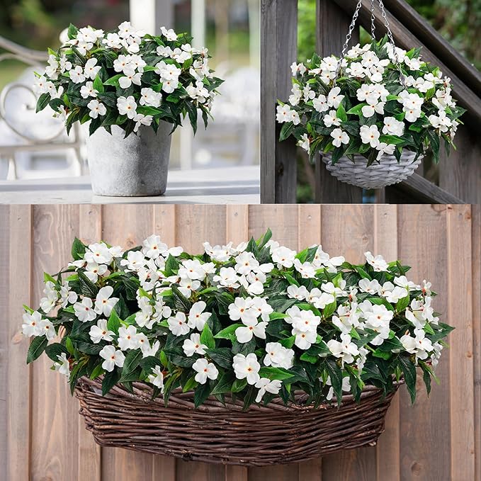 Artificial Impatiens Bouquet Flowers for Outdoors Silk Faux Flowers for Outdoor Impatiens Plants Decor Indoor Planters Kitchen Planters and Balcony Decorations 4PCS (White)