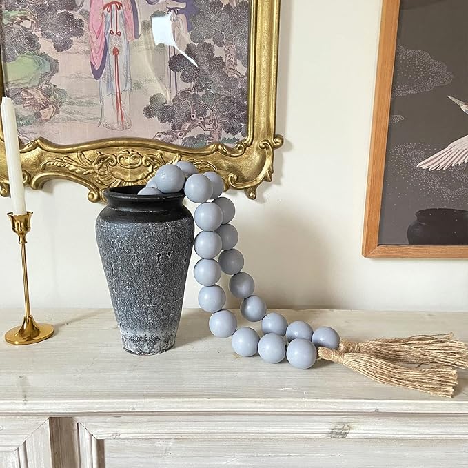 OMISHE 76" Long Extra Large Wood Bead Garland Grey with 1.6" Diameter Wooden Beads and Tassels, Rustic Farmhouse Country Decorative Beads for Home Tiered Tray Decor, Grey