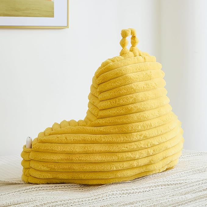 Faux Fur Fluffy Yellow Reading Pillow with Pockets, Luxury Striped Plush Decorative, Arm Rests and Back Surport for Bed Rest, Lounging on Sofa, Standard