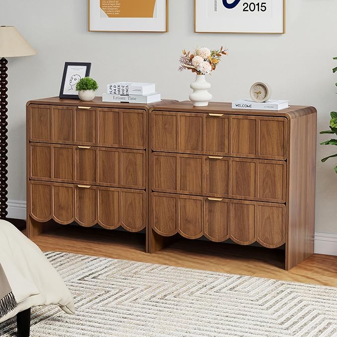 3 Drawer Dresser for Bedroom, Modern Closet Chest of Drawers with Wave Fluted Drawer, Wood Storage Small Dresser Organizer for Nursery Bedroom Living Room Hallway Closet (Walnut)