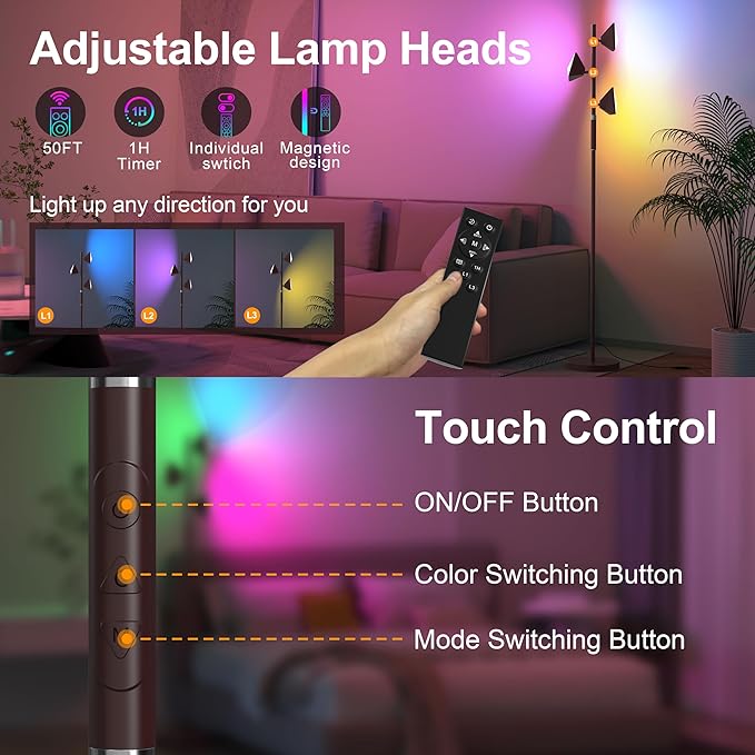RGB Tree Floor Lamp for Living Room, Stepless Dimmable Tall Standing Lamp with Remote, Touch Control and 3 Rotatable Light, Bright LED Lights for Bedroom with 4 Color-Changing, Oil Rubbed Bronze