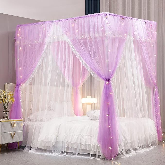VETHIN 4 Corners Post Ruffle Princess Bed Canopy Curtain-Double Layer Cozy Drape Netting 4 Opening Mosquito Net for Girls Adults Bedroom Decoration (Double-Purple, 47" W*78" L*82" H/Twin)