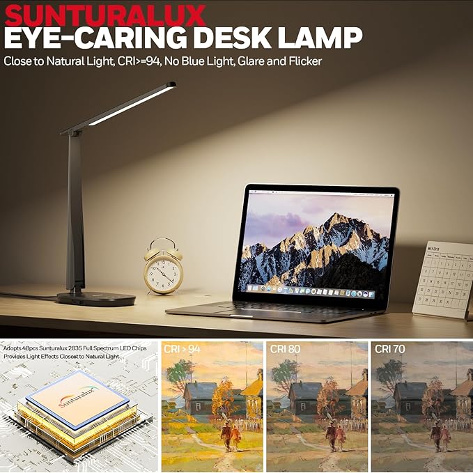 Honeywell Desk Lamp for Home Office, Dimmable LED Desk Light with USB A+C Dual Charging, 4 Modes Brightness Touch Lamp with Timer, Eye Caring Foldable Reading Light, Table Lamp for Study Nightstand