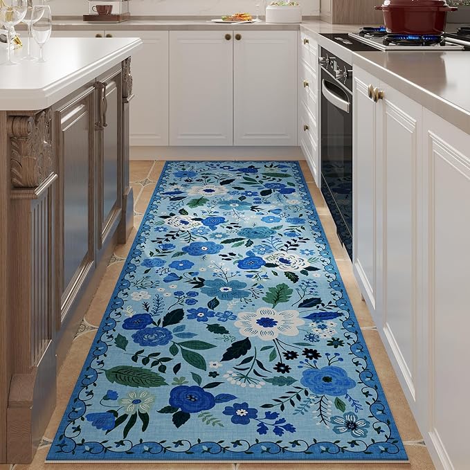 Runner Rug for Hallways Kitchen Rug Non Slip 2'6''x8' Washable Runner Rugs with Rubber Backing Soft Floral Carpet Runner for Hallways, Kitchen, Laundry, Bedroom, Bathroom(Blue)