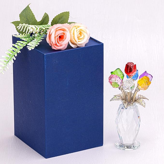 Glass Rose Flowers, Crystal Glass Figurines Rose Decorations for Home Gifts for Mom Wife Grandma, Crystal Flowers Collectible Ornament Mother's Day Thanksgiving Anniversary Birthday Gifts (Rainbow)