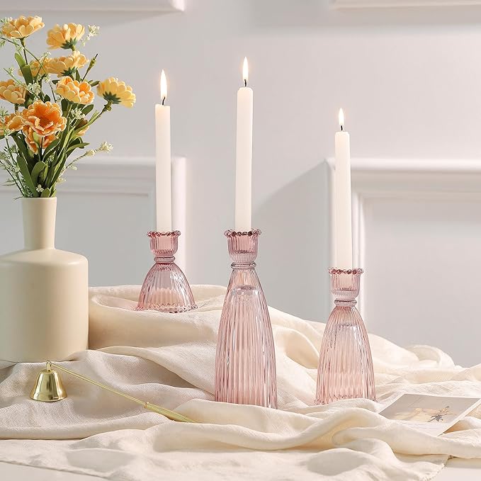 Vertical Stripe Candlestick Holders Set of 3, Premium Glass Candle Holders for Candlesticks and Taper Candles, Vintage Candle Holder Decor for Table Centerpiece, Pink