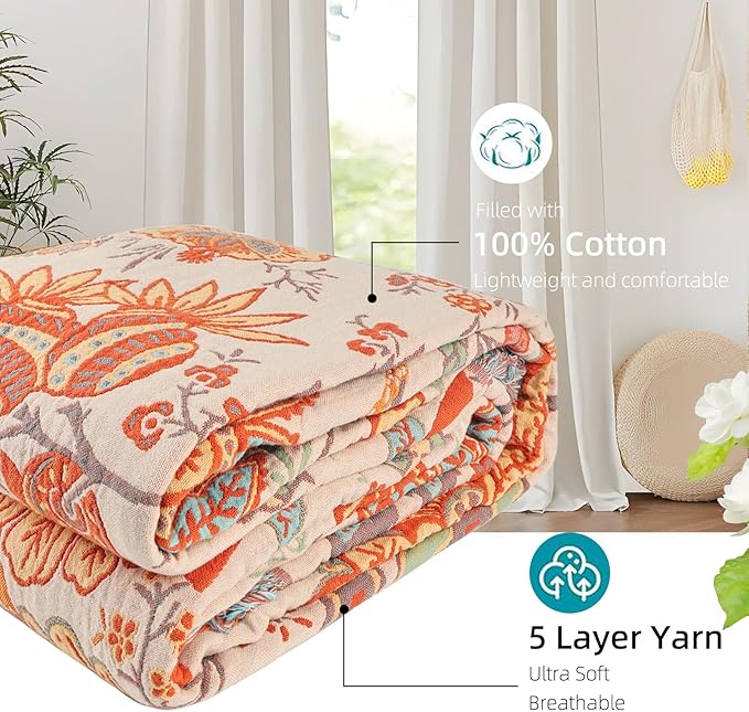 Boho Throw Blanket for Bed - 100% Pure Cotton Ultra Soft Rustic Quilt - Farmhouse Decor Bed Blankets, All Season Rustic Throw for Sofa Couch Chair(60''×80'', Floral)