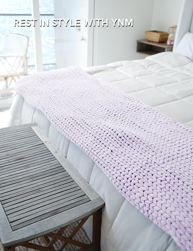 YnM Chunky Throw Blanket, Medium-Weight, Hand Knitted, Skin Friendly, Ventilated and Breathable, Machine Washable, Home Décor Piece for Couch, Sofa and Bed (Iris Lavender, 40x50 Inch)