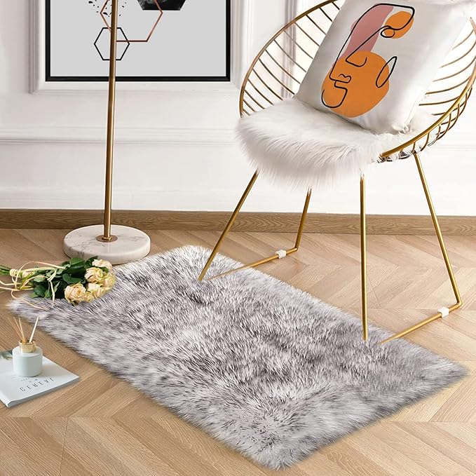 Latepis White with Grey Tips Small Bedroom Washable Soft Shaggy 2x3 Rug Fuzzy Rug Faux Sheepskin Fur Rug for Cushion Cat Mat Home Decor Rectangle