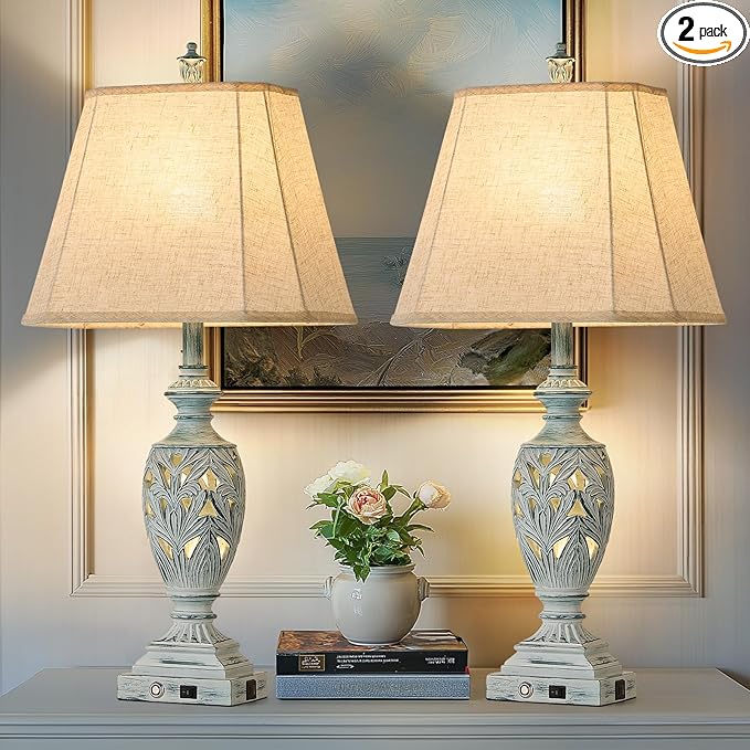 29.5"H Touch Control Traditional Table Lamp Set of 2,Vintage Bedside Lamp Nightstand Lamps with Dual USB Ports,3-Way Dimmable Hollow Out Leafwork Blue Washed Finish Desk Lamps for Living Room,Bedroom