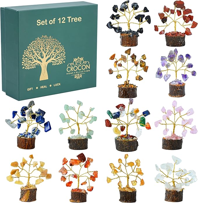 Crocon 12 Crystal Tree of Life Return Gifts Birthday Gifts for Women Chakra Healing Crystals & Stones for Positive Energy Good Luck Home and Office Decor Party Favor Gift for Mom & Dad Housewarming