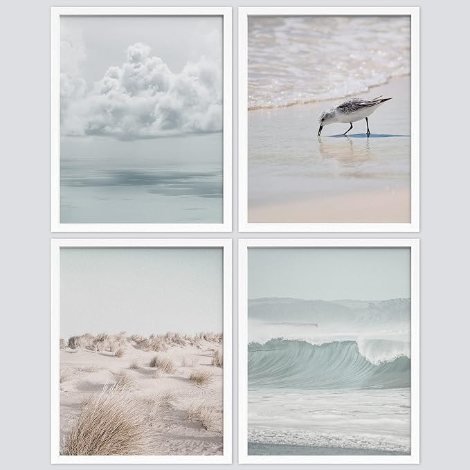 SIGNWIN Framed White Nautical Ocean Sea Beach Grass Seagull Wall Art, Set of 4 Landscape Colorful Wall Decor Prints, Nature Wilderness Wall Décor for Living Room, Bedroom - 8"x10" White
