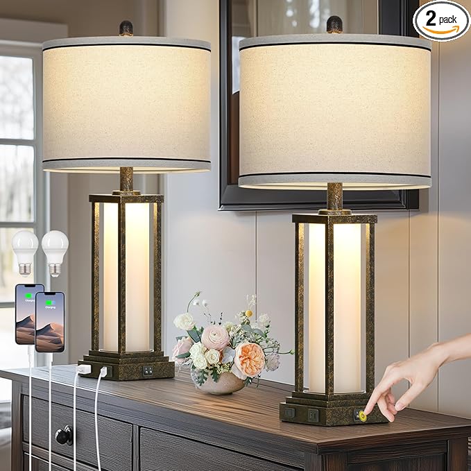 27" Tall Vintage Table Lamp Set of 2 with USB C+A & Outlet,Bronze Industrial End Table Lamp for Living Room,Farmhouse Rustic Bedside Lamps with Frosted Glass Night Light for Bedroom Nightstand,Bronze
