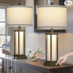 27" Tall Vintage Table Lamp Set of 2 with USB C+A & Outlet,Bronze Industrial End Table Lamp for Living Room,Farmhouse Rustic Bedside Lamps with Frosted Glass Night Light for Bedroom Nightstand,Bronze