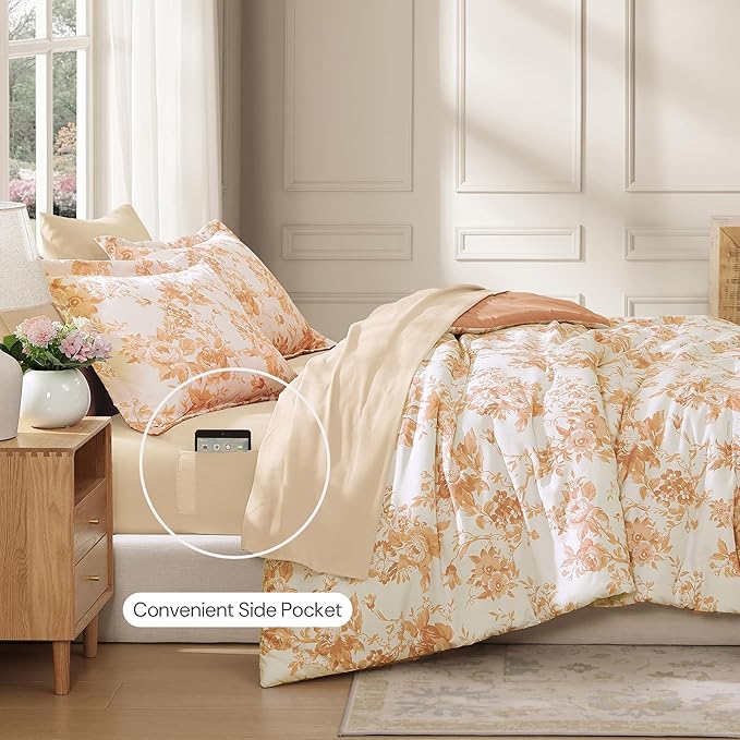 King Comforter Set -7 Pieces Autumn Leaf Floral Comforter Set for All Seasons, Bed in a Bag King with Botanical Flowers Comforter, Sheets, Pillowcases & Shams