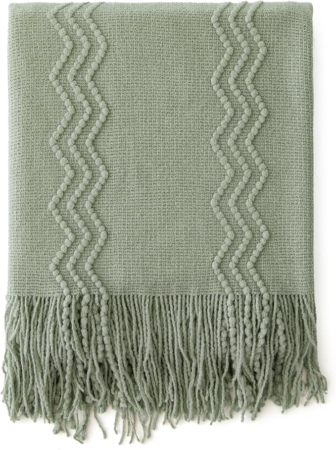 MIULEE Sage Knitted Throw Blanket for Couch Boho Green Textured Cozy Woven Decorative Farmhouse Blanket with Tassels for Sofa Chair Bed Living Room, Lightweight Spring Home Decor 50"x60"