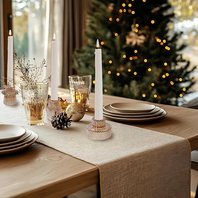 Double Sided Vintage Ribbed Taper Glass Candle Holders,Tea Candle Holder for Table Centerpieces, Wedding Decorations and Dinner Parties (Gold, 3 PCS)