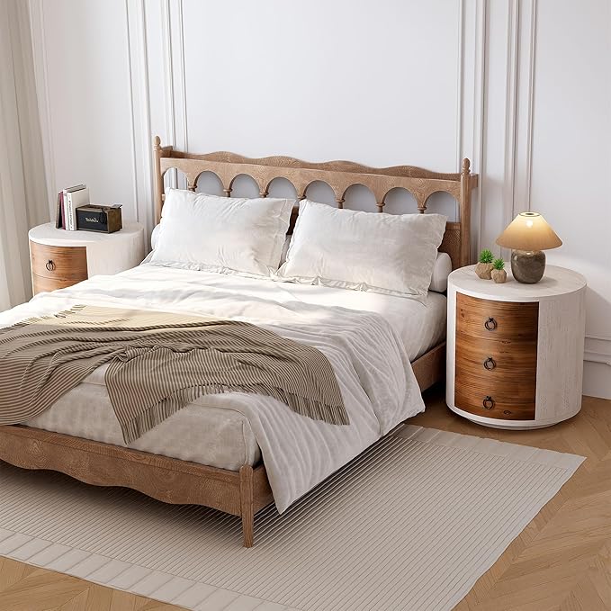 HOMPUS Round 3 Drawer Nightstand Set 2, Farmhouse Chest of Drawers, No Assemble Required, Modern Nightstand Set of 2, Wood Bedside End Tables w Drawers for Bedroom, Brown + White