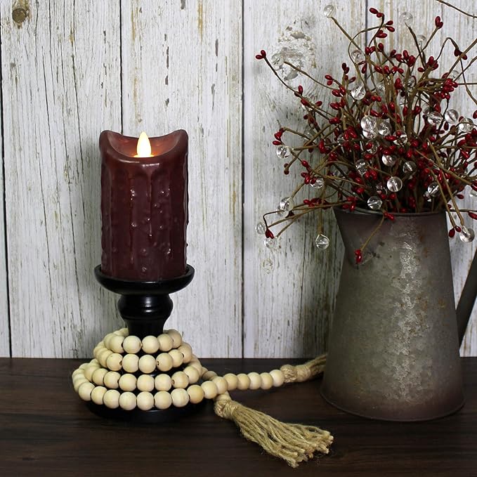 CVHOMEDECO. Wood Beads Garland with Tassels Farmhouse Rustic Wooden Prayer Bead String Wall Hanging Accent for Home Festival Decor. Natural