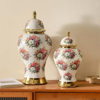 Ginger Jars for Home Decor, White Gold Ceramic Vase with Colorful Floral Pattern, Handmade Decorative Flower Vase with Lid for Home, Kitchen, Office, Table, Bookshelf, Mantle Fireplace,(18in)