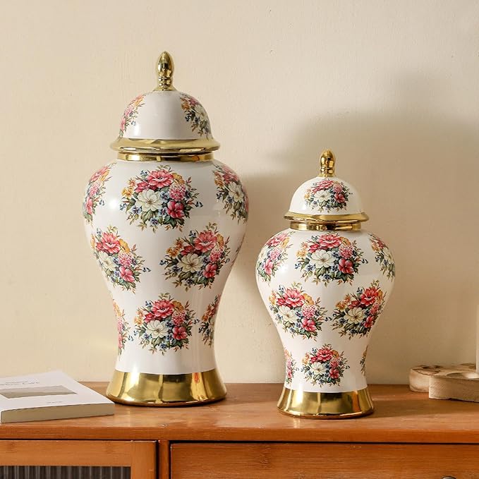 Ginger Jars for Home Decor, White Gold Ceramic Vase with Colorful Floral Pattern, Handmade Decorative Flower Vase with Lid for Home, Kitchen, Office, Table, Bookshelf, Mantle Fireplace,(18in)