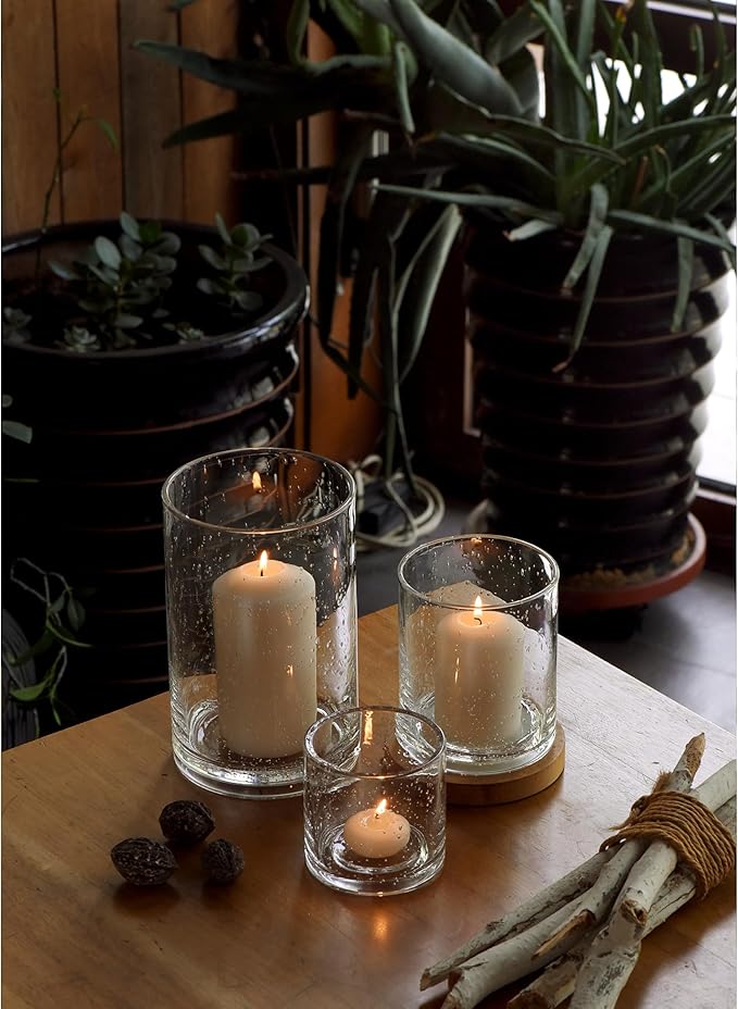 ARIAMOTION Hurricane Glass Candle Holders Set, Pillar Votive,Clear Seeded Bubbles Cylinder Vase,Modern Rustic Table Centerpieces Bulk, 3 Sizes 8 Inch 5 Inch 3.5 Inch Height