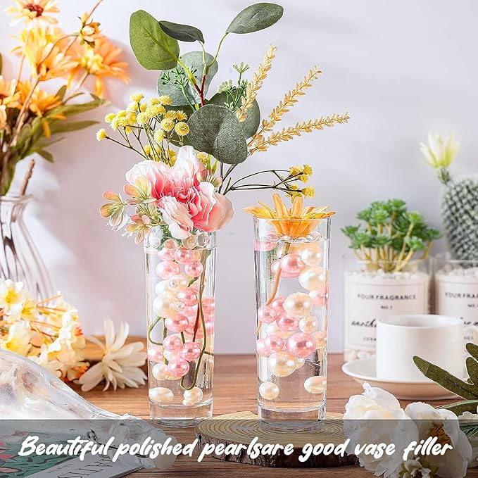 200 PCS Pink White Vase Fillers, Pearls Bead for Centerpieces Vases, 10/14/20 MM No Hole Beads, Fake Pearls for Wedding Birthday Anniversary Theme Party Table Centerpieces Decor