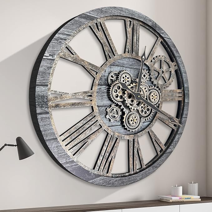 HOIBAI Large Wall Clock Oversized 30 Inch Clocks for Living Room Decor Wall Decor Farmhouse Vintage Rustic Industrial Roman Big Chic Home Decor Wall Clock for House Bedroom, Moving Gears Clock