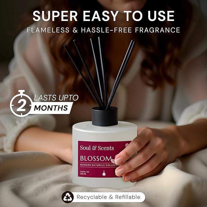 Soul & Scents Reed Diffuser Set – Blossom | 7.43 oz Refillable Scented Oil with 6 Fiber Sticks | Long-Lasting Home Fragrance & Air Freshener for Bedroom, Bathroom, Office | Gift & Décor Piece