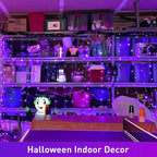 JMEXSUSS 300LED Purple Halloween Lights with Remote, Curtain Hanging Light Plug in, 8 Modes Purple String Lights for Bedroom Window Wall Party Backdrop Christmas Halloween Decorations